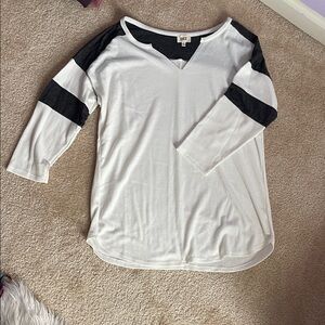 BKE White Long Sleeve Ribbed Top with Black Shoulder and Sleeve Stripes